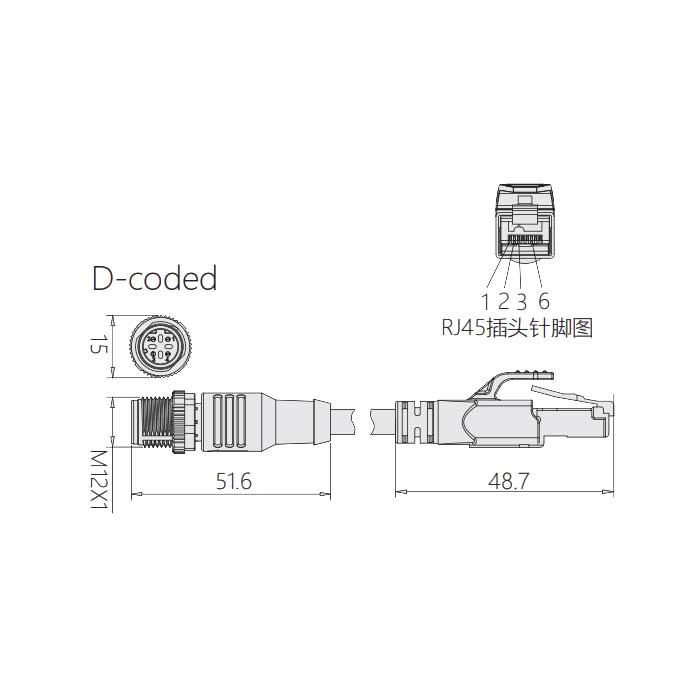 M12 4Pin D-coded、公頭直型轉(zhuǎn)RJ45公頭直型、雙端預鑄PVC非柔性電纜、帶屏蔽、黃色護套、0C4168-XXX